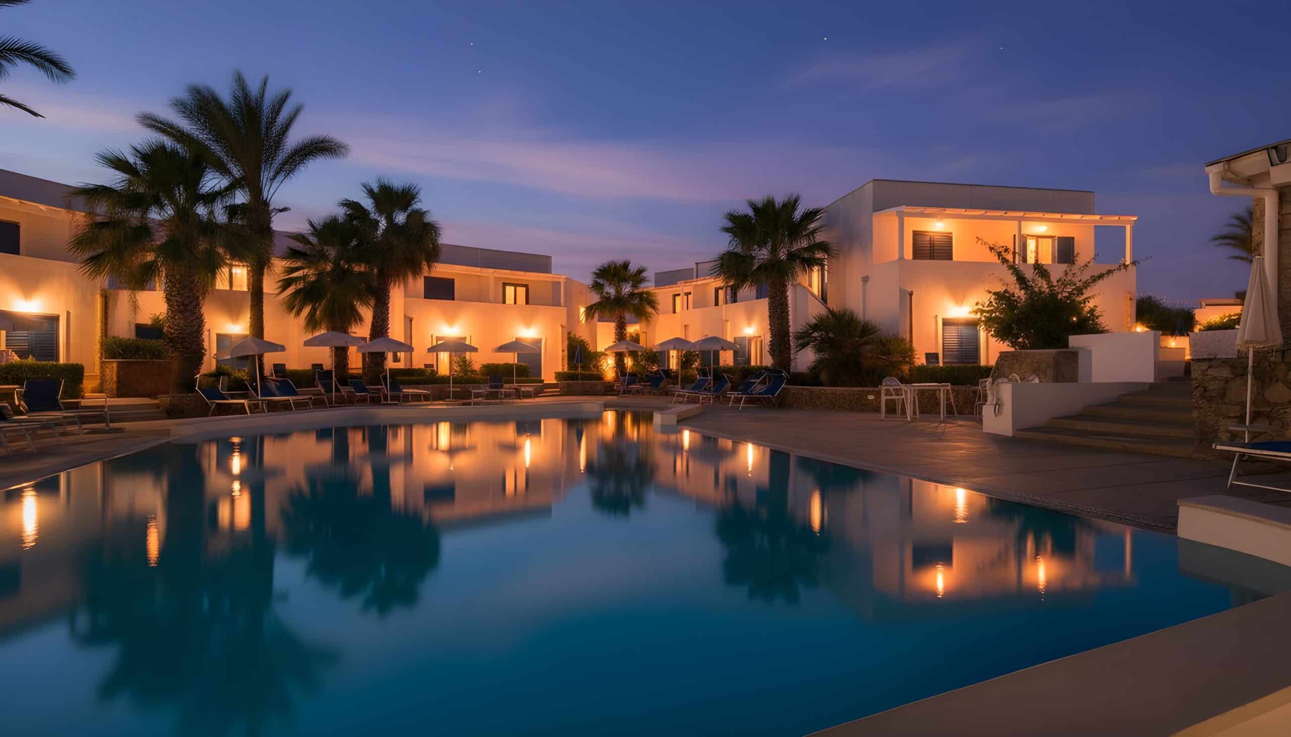 Pool des Cala La Luna Resorts in der Abenddämmerung