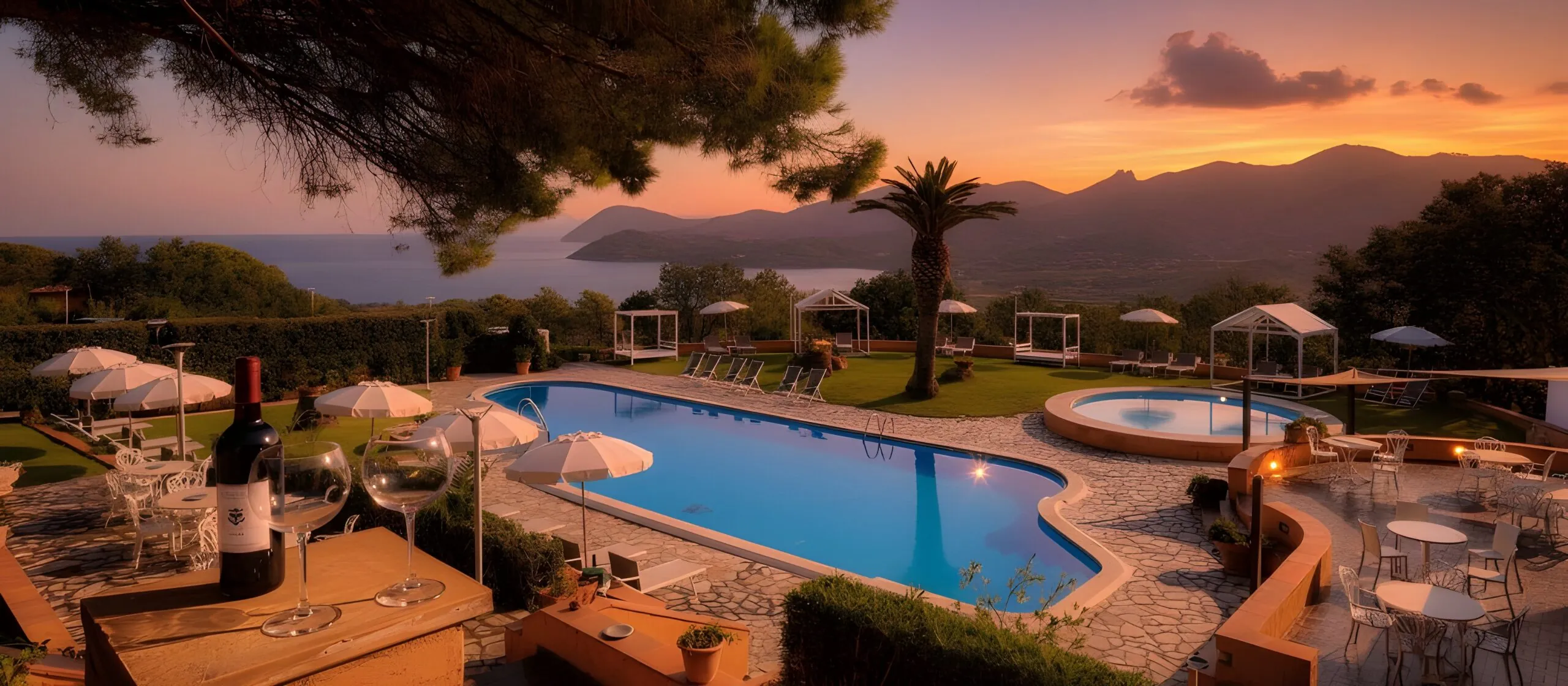 Pool und Sonnenuntergang im Le Picchiaie Resort